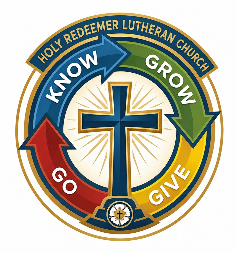 Holy Redeemer Lutheran Church mission statement seal: Know, Grow, Give, Go around a cross